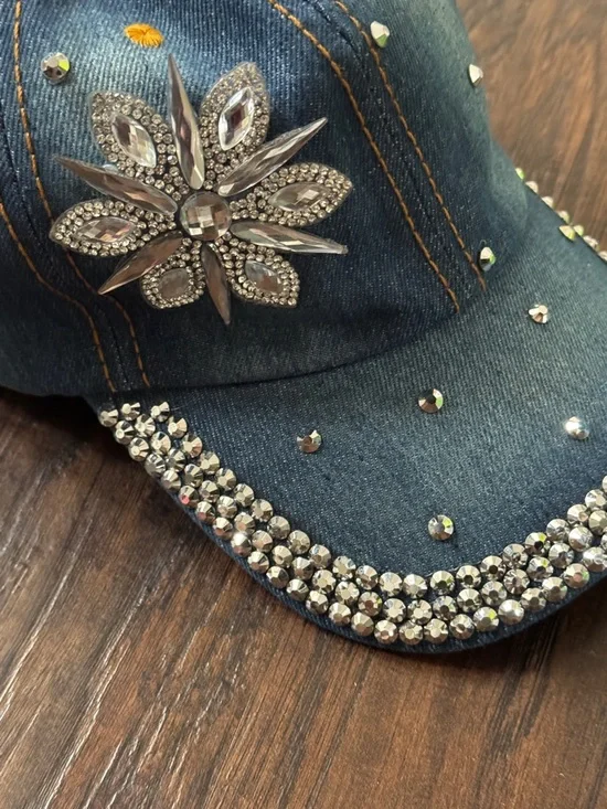 Bon Voyage Denim Cap with Crystal Floral Accent , New w/ Tag - Picture 4 of 10